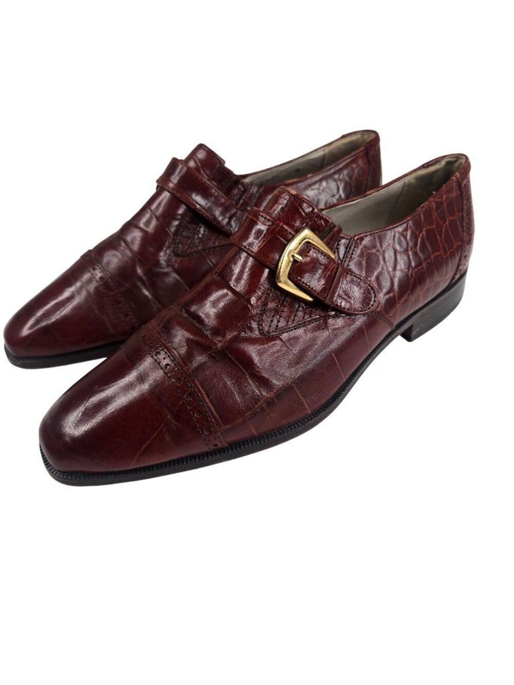 Vintage Stacy Adams Burgundy Croc Embossed Leather Buckle Dress Shoes Mens 7.5